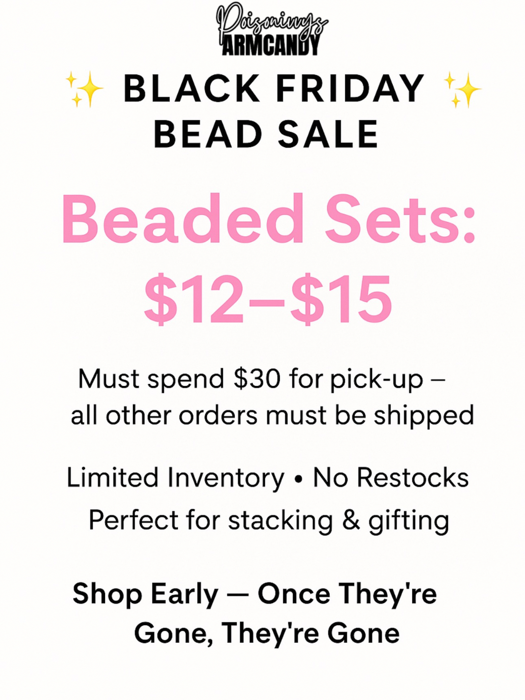 RANDOM BEADED SETS , NO DISCOUNT CODES ! PLEASE LIST WRIST SIZE , ALL SALES ARE FINAL , NO EXCHANGES OR REFUNDS ! ALL SETS WILL COME DIFFERENT QUANTITIES OF BRACELETS